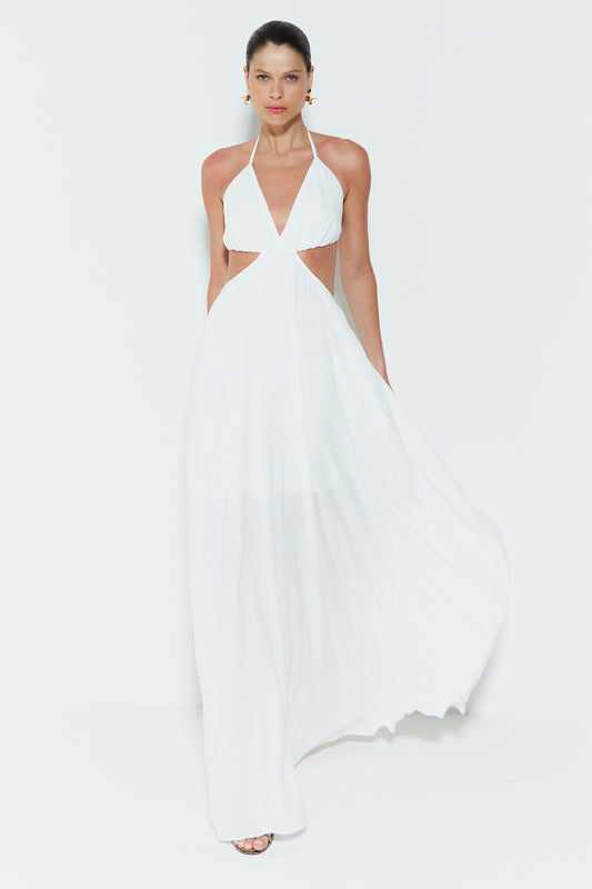 VESTIDO LONGO FRENTE ÚNICA DECOTADO OFF WHITE