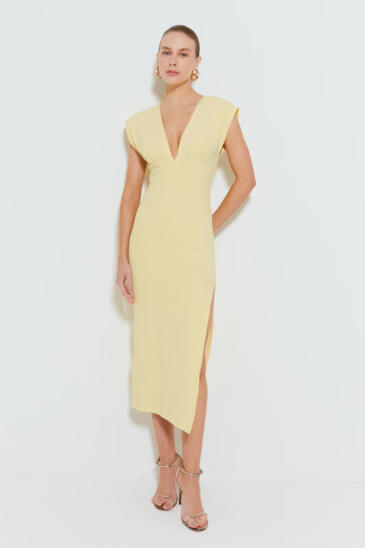 VESTIDO MIDI SEM MANGA DECOTE EM V AMARELO CITRUS