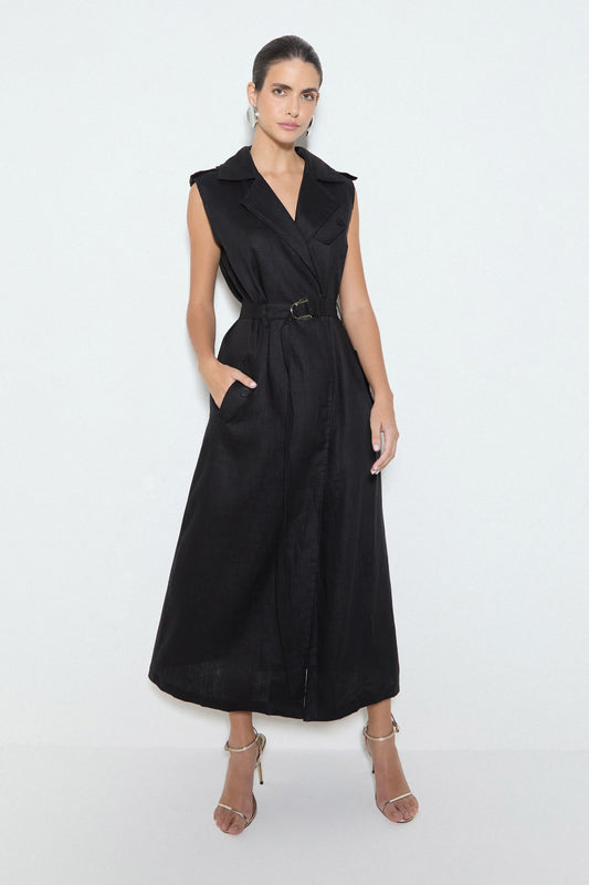 VESTIDO MIDI COM LAPELAS E CINTO EM LINHO PRETO