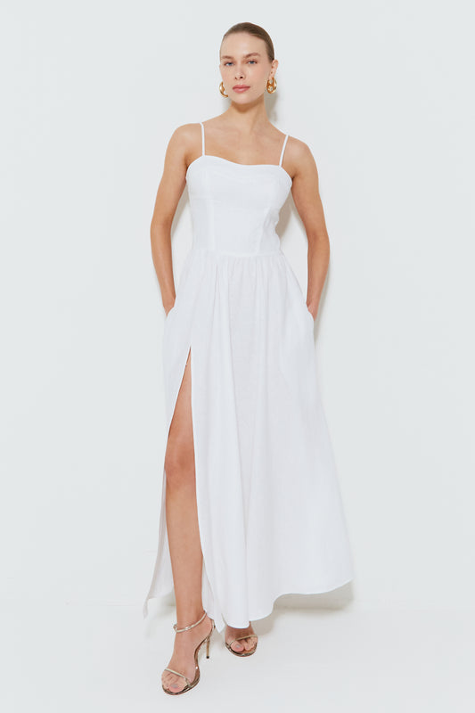 VESTIDO MIDI COM SAIA RODADA E PESPONTO NO BUSTO BRANCO