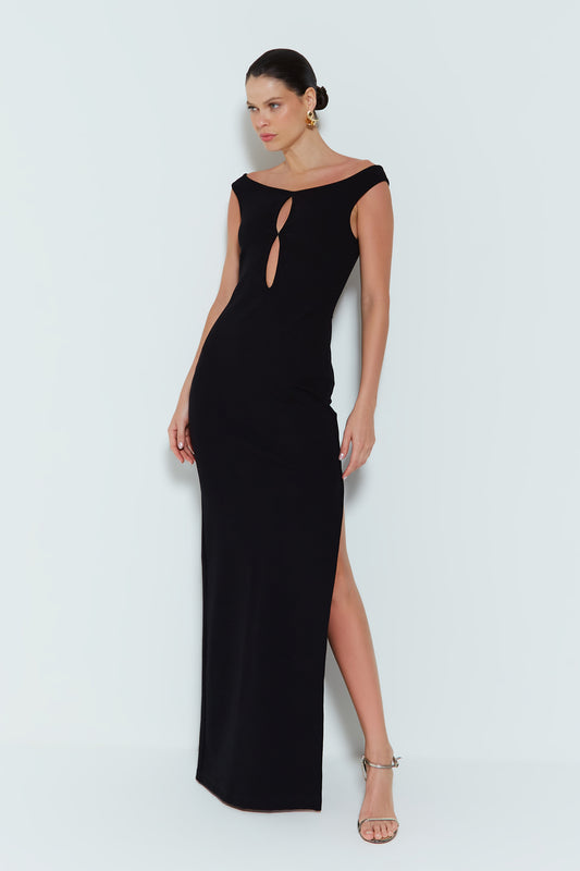 VESTIDO LONGO COM RECORTES MEIO BUSTO E FENDA LATERAL PRETO