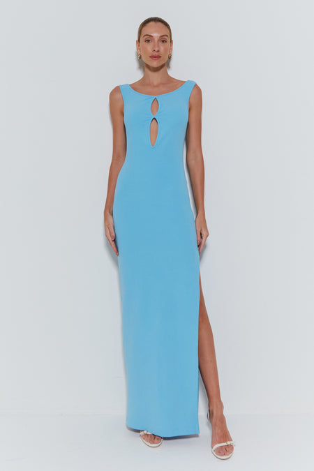 VESTIDO LONGO COM RECORTES MEIO BUSTO E FENDA LATERAL AZUL OCEANO