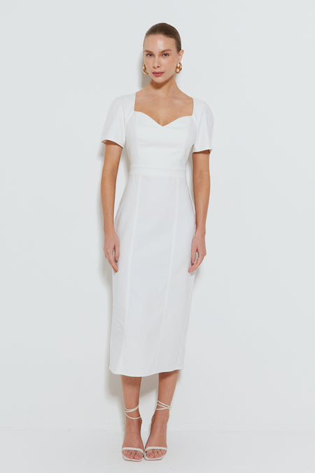 VESTIDO MIDI ESTRUTURADO MANGA CURTA DECOTE PRINCESA OFF WHITE