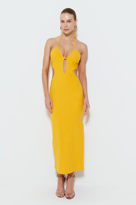 VESTIDO MIDI COM RECORTES NA CINTURA E AMARRAÇÃO LARANJA MANGA