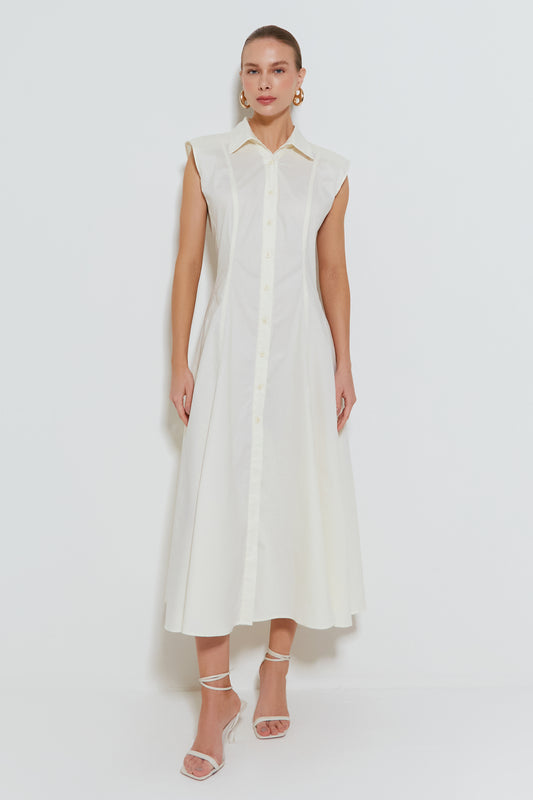 VESTIDO MIDI ACINTURADO COM OMBREIRAS E BOTOES CREME