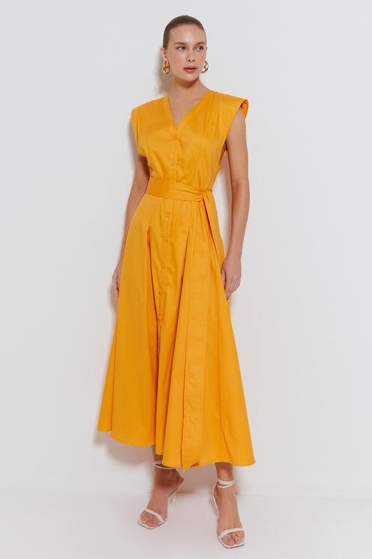 CHEMISE MIDI COM OMBREIRAS E FAIXA LARANJA MANGA