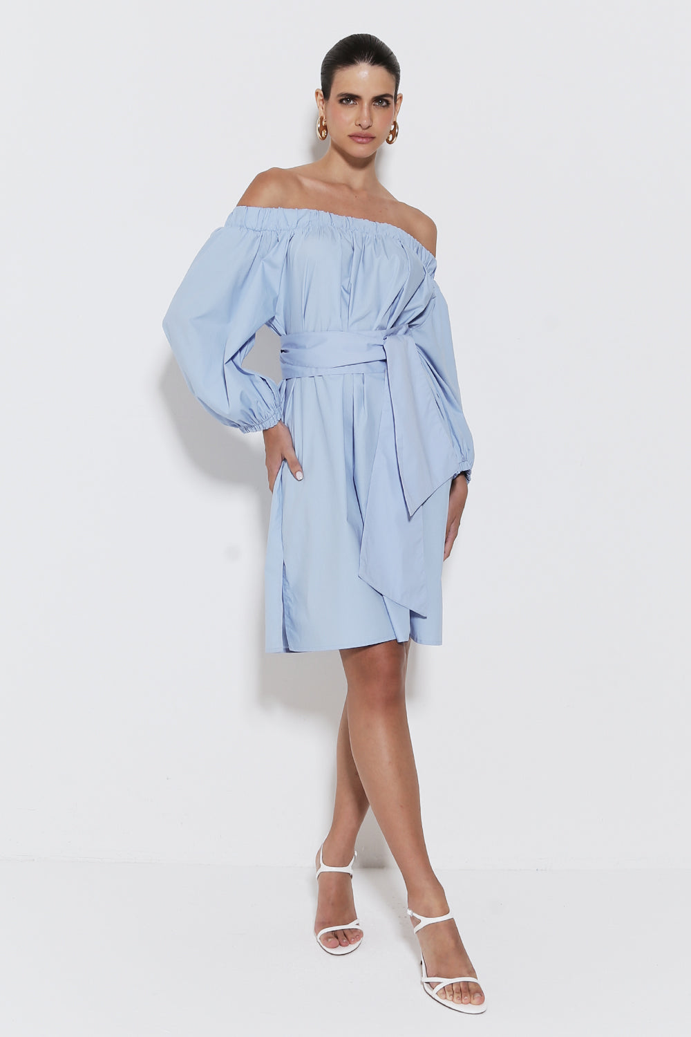 VESTIDO CURTO OMBRO A OMBRO COM FENDAS LATERAIS AZUL BEBE – Zen