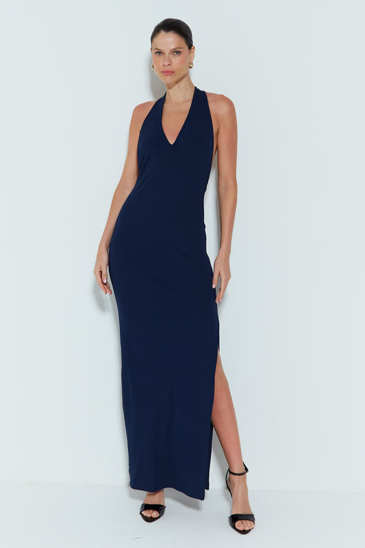 VESTIDO LONGO FRENTE UNICA AMARRACAO NO PESCOCO AZUL MARINHO