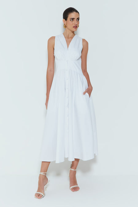 VESTIDO MIDI COM RECORTE CINTURA E BOTOES VISTA OFF WHITE