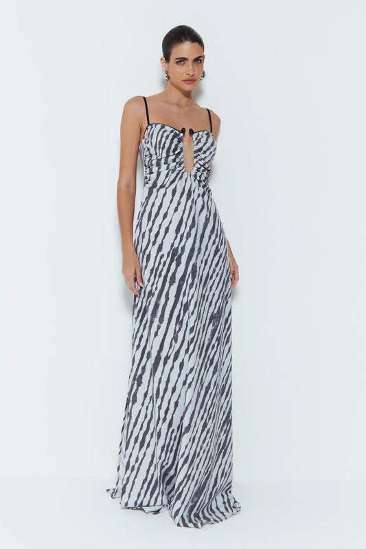 VESTIDO LONGO COM ABERTURA MEIO BUSTO ESTAMPADO ZEBRA