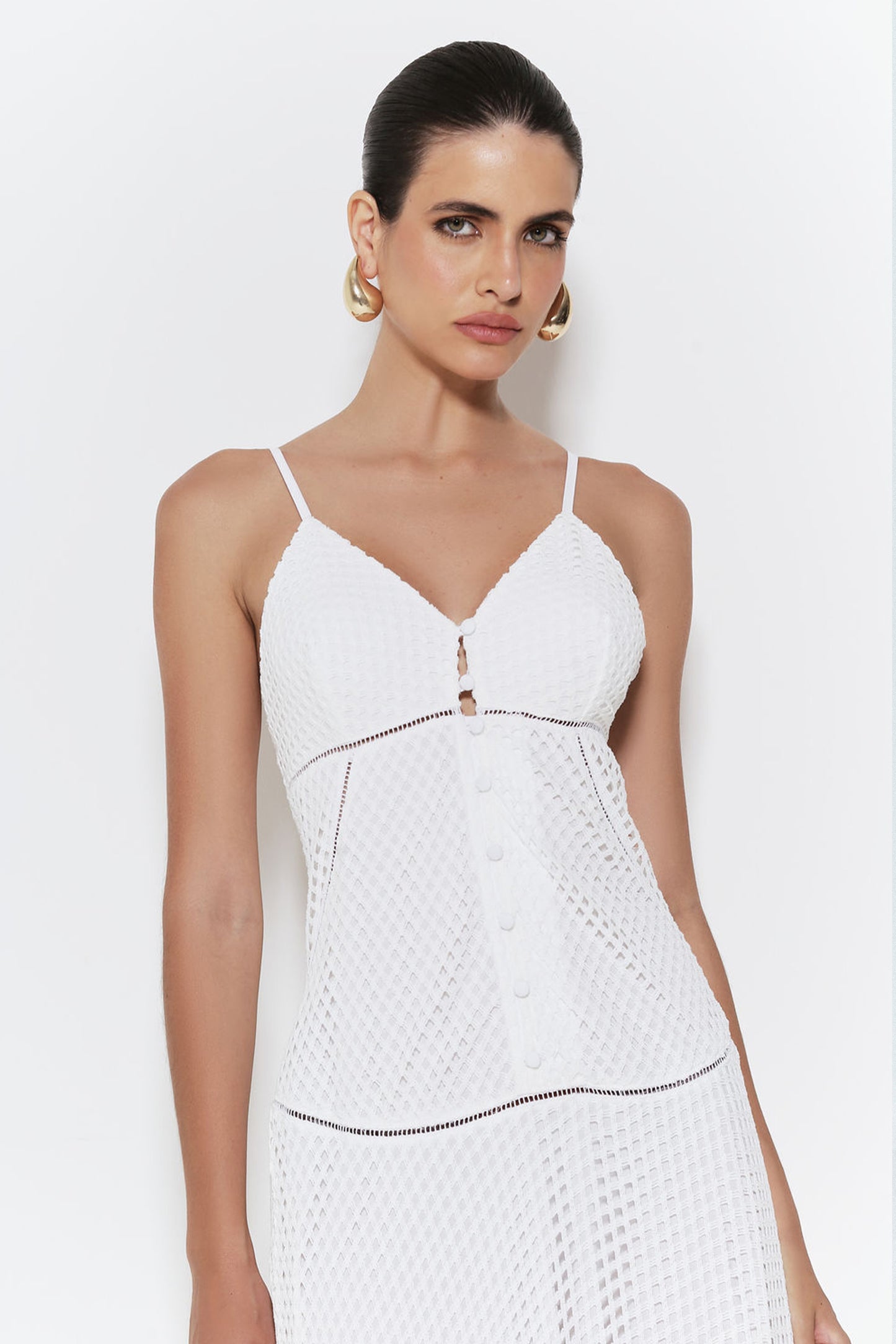 VESTIDO LONGO ALCA FINA EM TRICOT TELA OFF WHITE