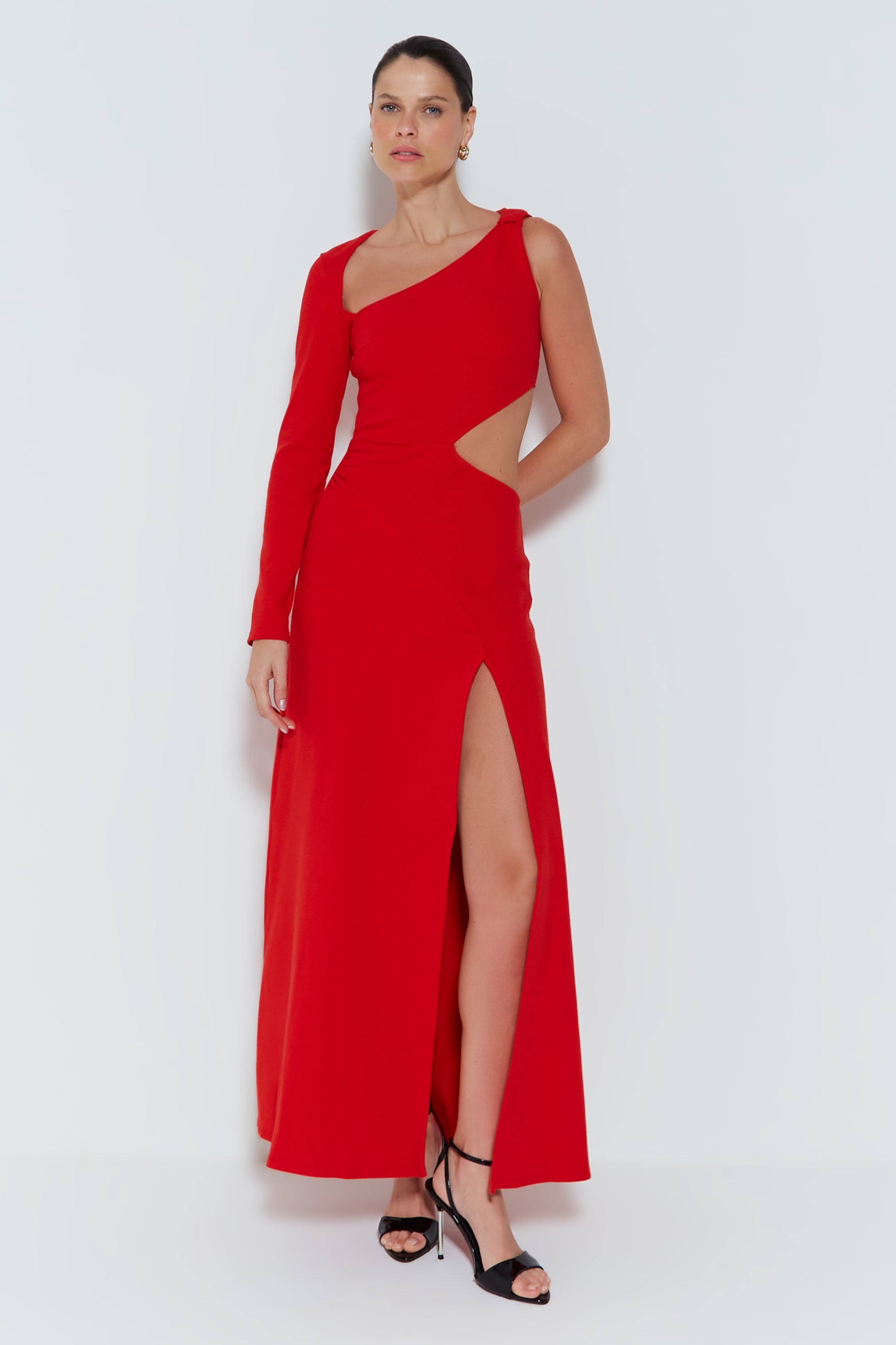 VESTIDO LONGO COM ABERTURA LATERAL E DETALHE NO OMBRO VERMELHO – Zen ...