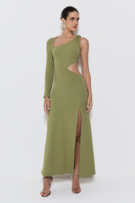 VESTIDO LONGO COM ABERTURA LATERAL E DETALHE NO OMBRO VERDE MOSS