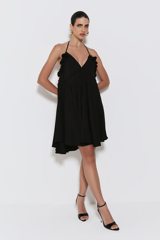 VESTIDO CURTO BABADOS BUSTO E COSTAS E AMARRACAO PRETO