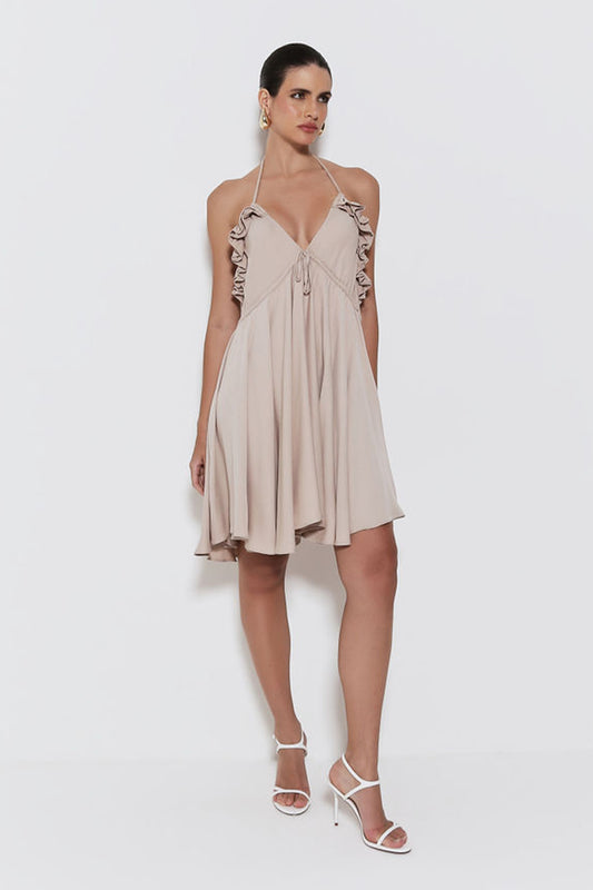 VESTIDO CURTO BABADOS BUSTO E COSTAS E AMARRACAO AREIA