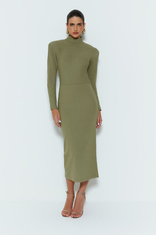 VESTIDO MIDI GOLA ALTA ABERTURA COM CAIMENTO COSTAS VERDE PINHEIRO