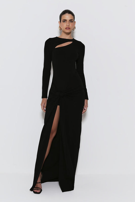 VESTIDO LONGO COM TORCAO LATERAL E ABERTURA DIAGONAL PRETO