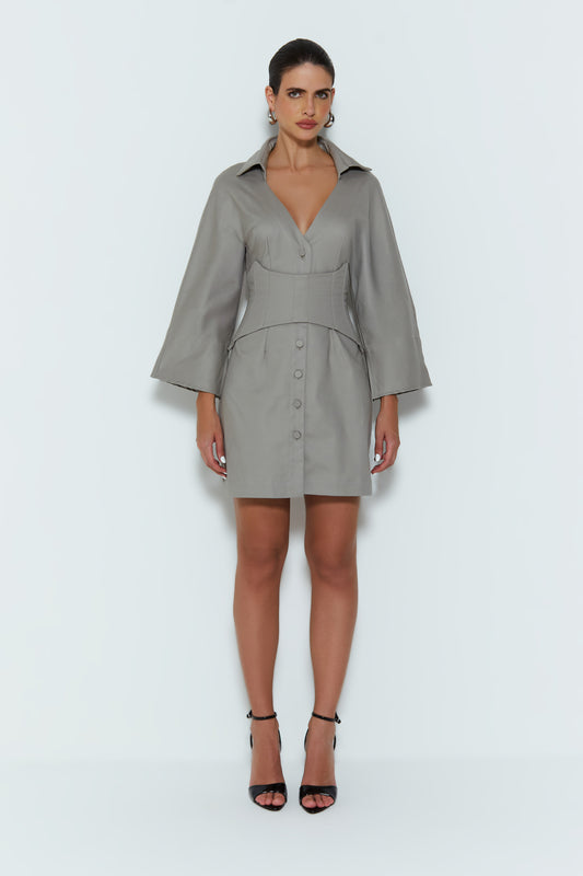 VESTIDO MIDI CAMISA COM DECOTE V CINZA