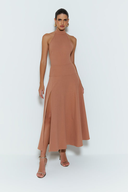 VESTIDO MIDI FRENTE UNICA COM FECHAMENTO PESCOCO MOCHA MOUSSE