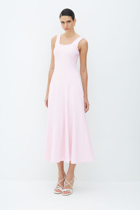 VESTIDO MIDI COM FRISOS ALCAS LARGAS E BARRA AMPLA ROSA CELESTIAL