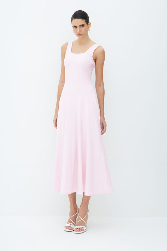 VESTIDO MIDI COM FRISOS ALCAS LARGAS E BARRA AMPLA ROSA CELESTIAL