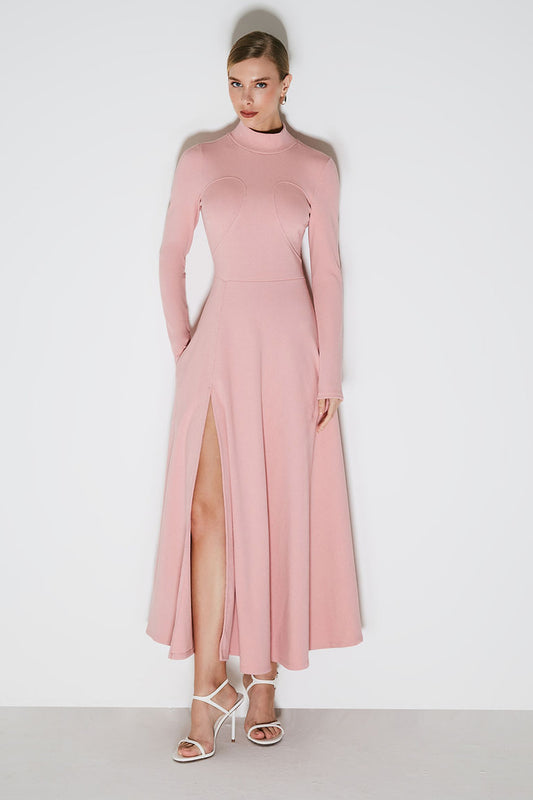 VESTIDO MIDI GOLA ALTA COM RECORTE NO BUSTO ROSA QUARTZO