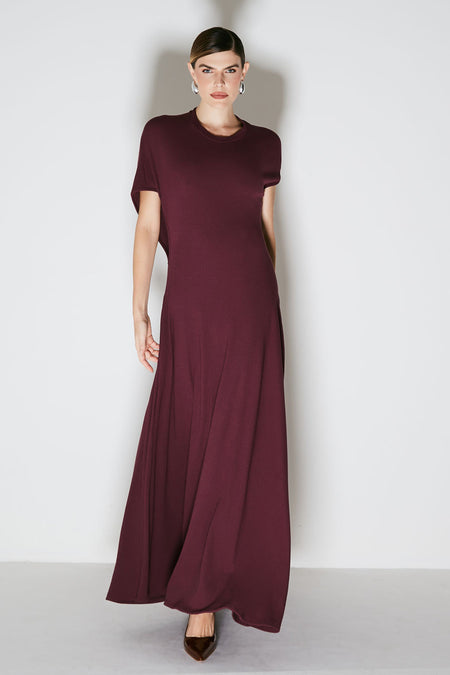 VESTIDO LONGO COM ABERTURA ASSIMETRICA NAS COSTAS VINHO