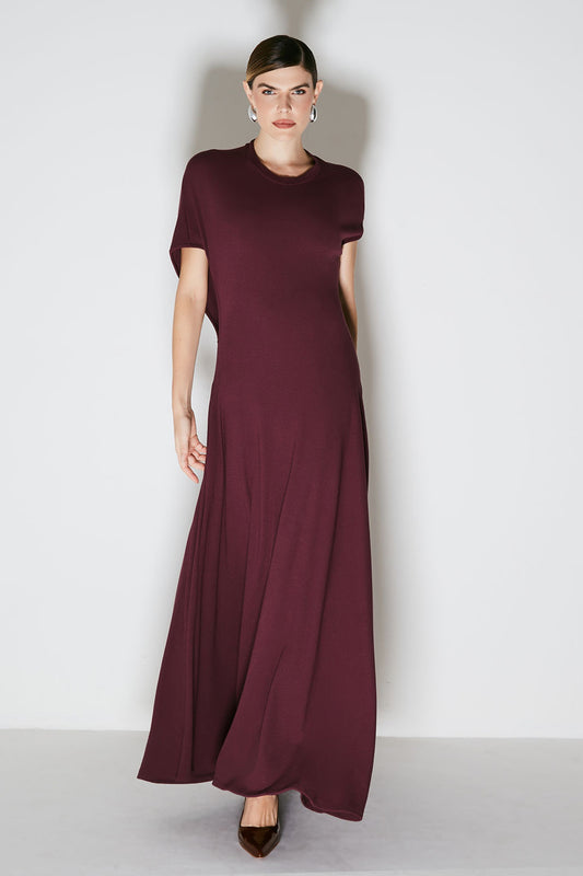 VESTIDO LONGO COM ABERTURA ASSIMETRICA NAS COSTAS VINHO