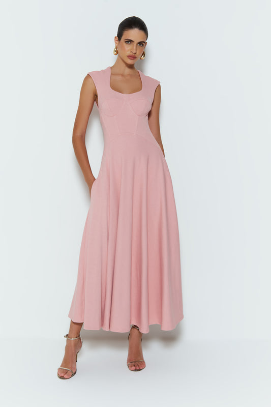 VESTIDO MIDI COM BARBATANA CINTURA E RECORTES BUSTO ROSA QUARTZO