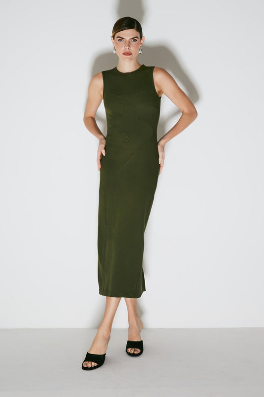 VESTIDO MIDI COM RECORTES ASSIMETRICOS E FENDA COSTAS VERDE MILITAR