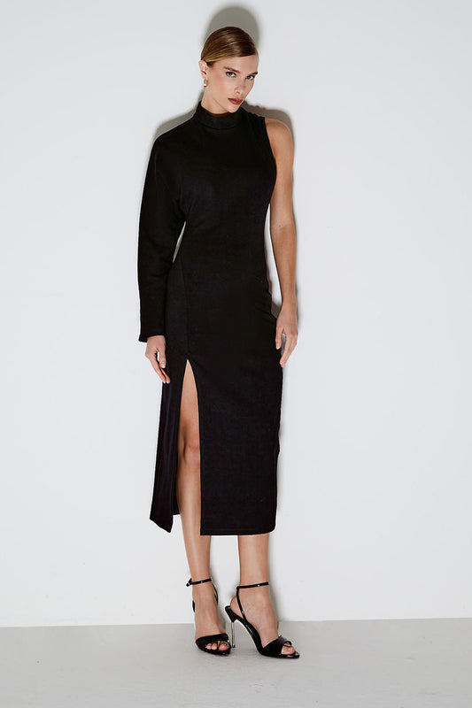 VESTIDO MIDI UMA MANGA SO ABERTURA ASSIMETRICA COSTAS PRETO