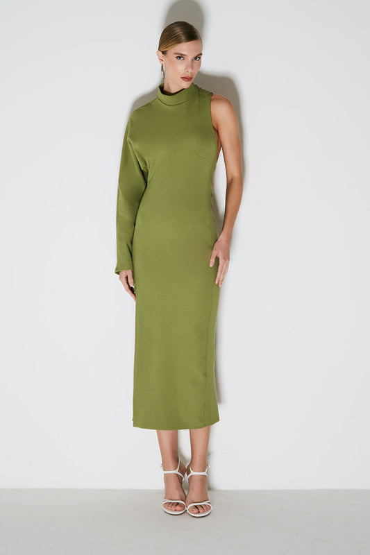VESTIDO MIDI UMA MANGA SO ABERTURA ASSIMETRICA COSTAS VERDE MOSS