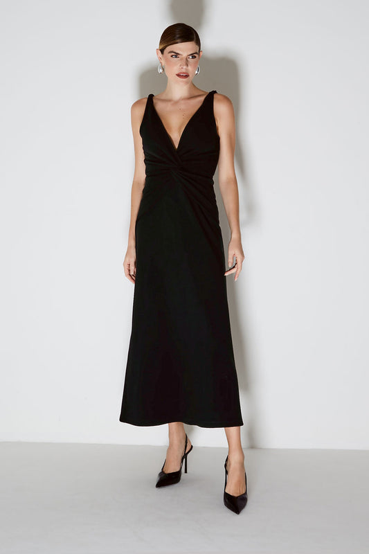 VESTIDO LONGO COM TORCAO CENTRAL E NAS ALCAS PRETO