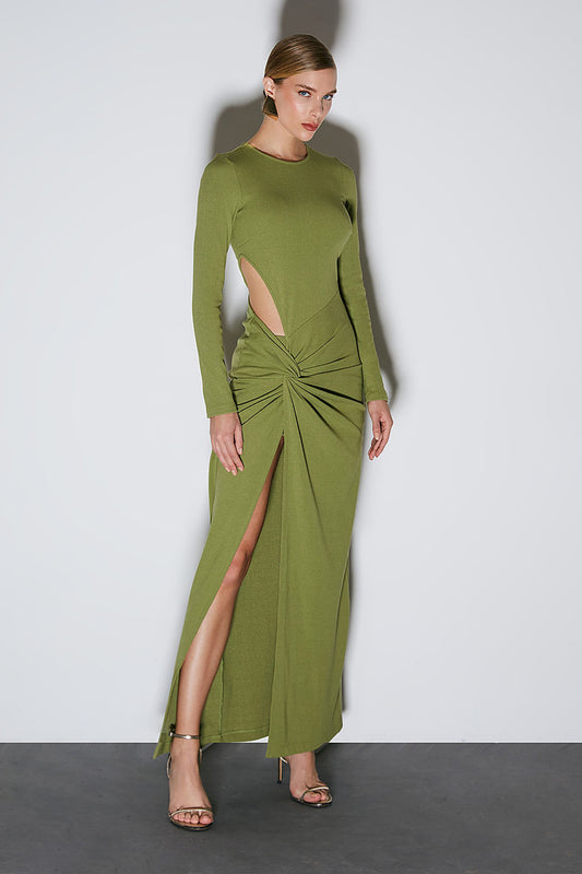 VESTIDO LONGO COM TORCAO E ABERTURA LATERAL VERDE MOSS