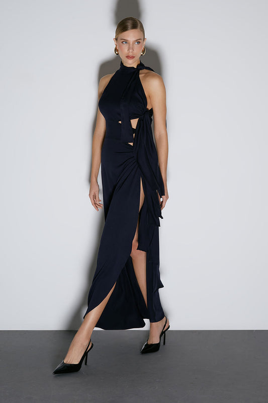 VESTIDO LONGO GOLA ALTA COM AMARRACOES LATERAIS AZUL MARINHO