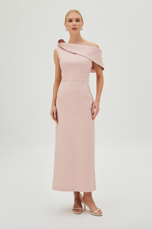 VESTIDO MIDI ESTRUTURADO COM DECOTE DIAGONAL ROSE