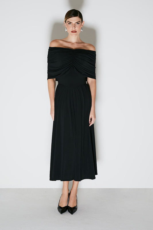 VESTIDO MIDI OMBRO A OMBRO COM DRAPEADOS PRETO