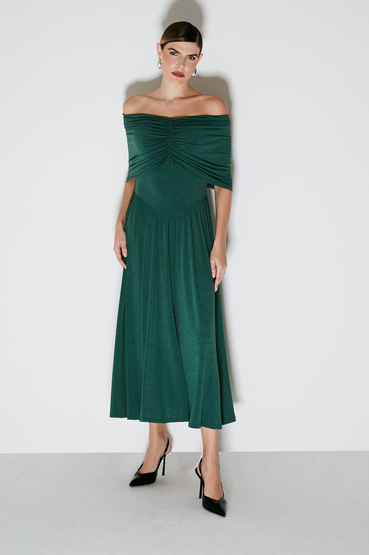 VESTIDO MIDI OMBRO A OMBRO COM DRAPEADOS VERDE