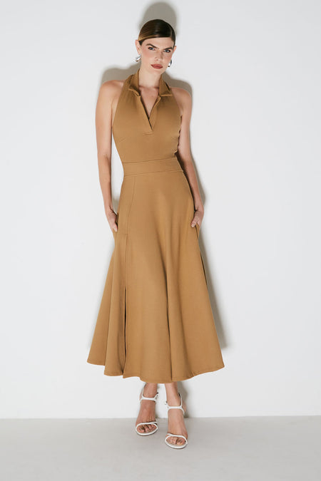 VESTIDO MIDI FRENTE UNICA COM GOLA E FENDA FRONTAL KAKI