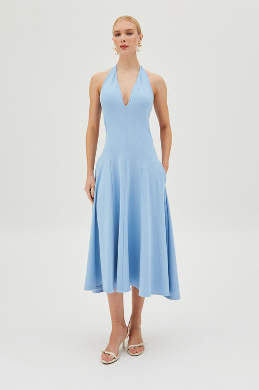 VESTIDO MIDI FRENTE UNICA DECOTE V SAIA AMPLA AZUL BEBE