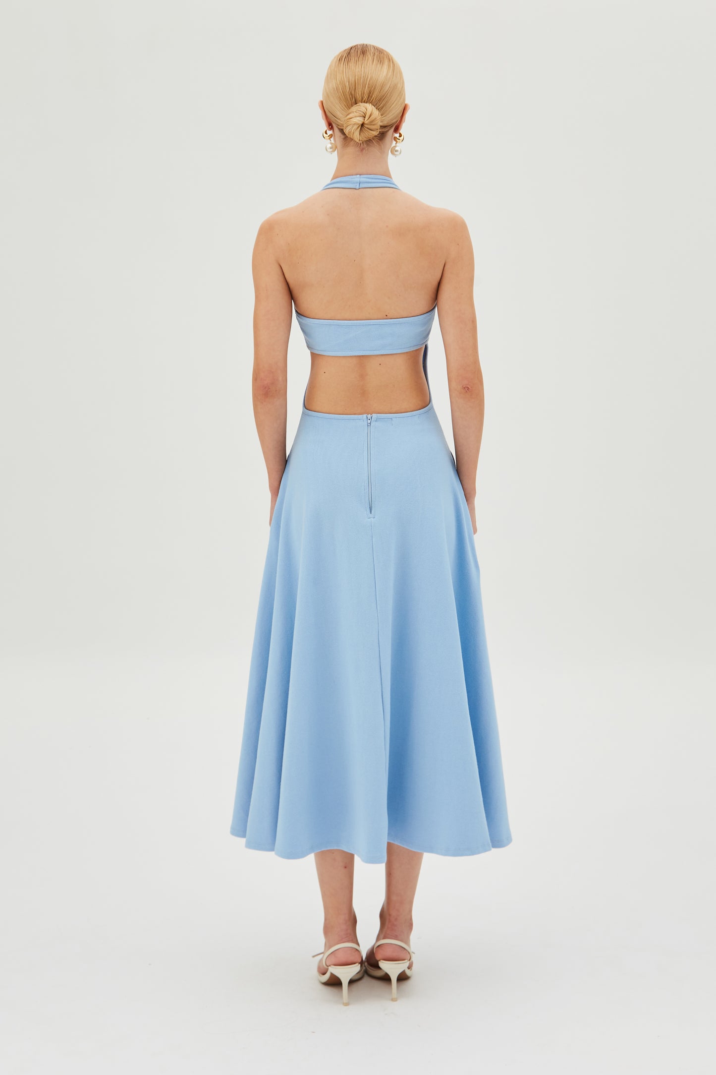 VESTIDO MIDI FRENTE UNICA DECOTE V SAIA AMPLA AZUL BEBE