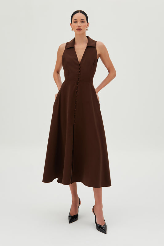 VESTIDO MIDI COM BOTOES FRONTAL ABERTURA COSTAS MARROM