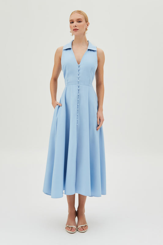 VESTIDO MIDI COM BOTOES FRONTAL ABERTURA COSTAS AZUL BEBE