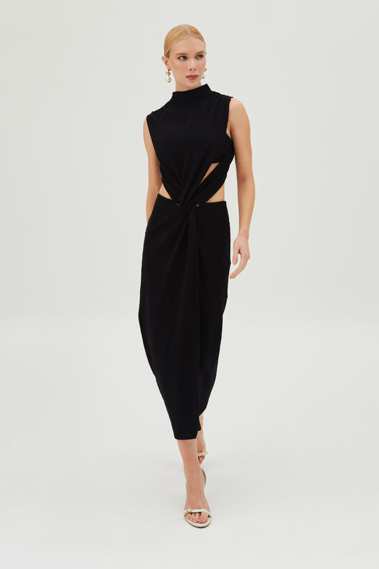 VESTIDO MIDI COM TORCAO FRONTAL E ABERTURA COSTAS PRETO