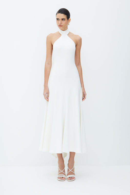 VESTIDO MIDI FRENTE UNICA GOLA  ALTA DETALHE COSTAS OFF WHITE