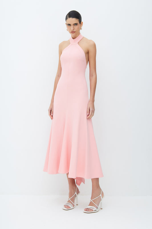 VESTIDO MIDI FRENTE UNICA GOLA ALTA DETALHE COSTAS ROSA CONDESSA