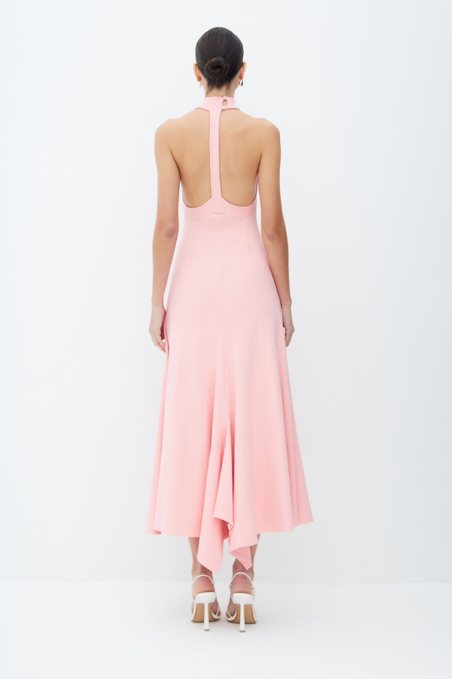 VESTIDO MIDI FRENTE UNICA GOLA ALTA DETALHE COSTAS ROSA CONDESSA