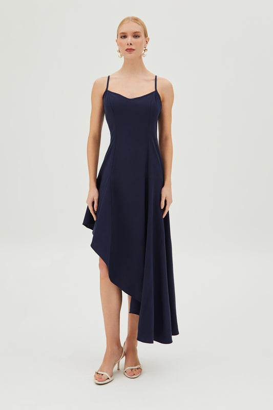 VESTIDO MIDI BARRA ASSIMETRICA E ALCA FINA AZUL MARINHO
