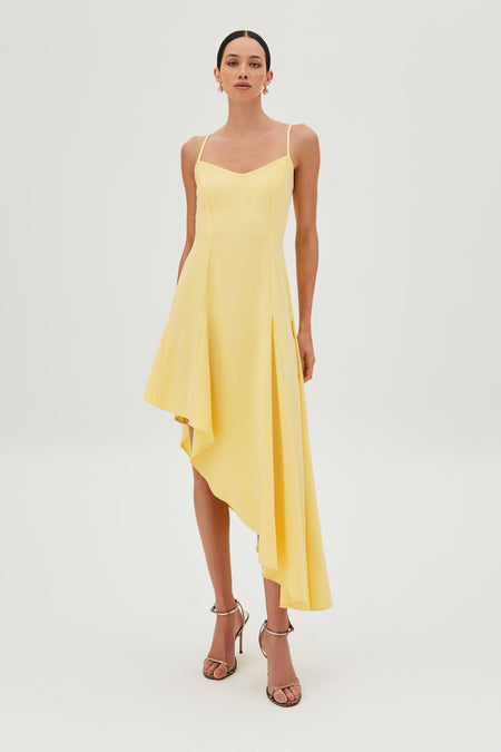 VESTIDO MIDI BARRA ASSIMETRICA E ALCA FINA AMARELO MANTEIGA