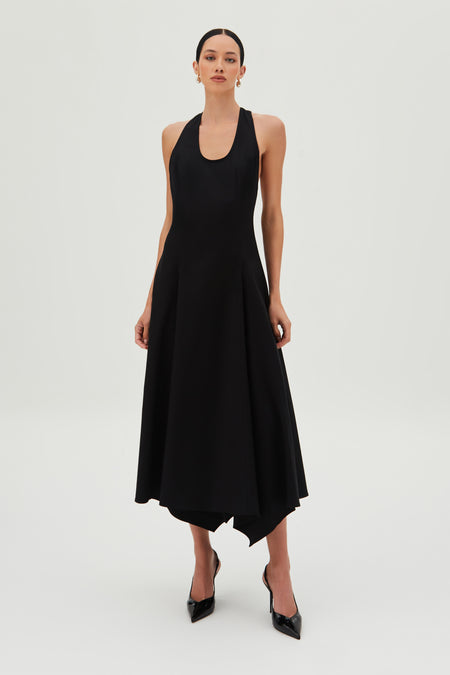 VESTIDO MIDI FECHAMENTO DE BOTAO PESCOCO FRENTE UNICA PRETO